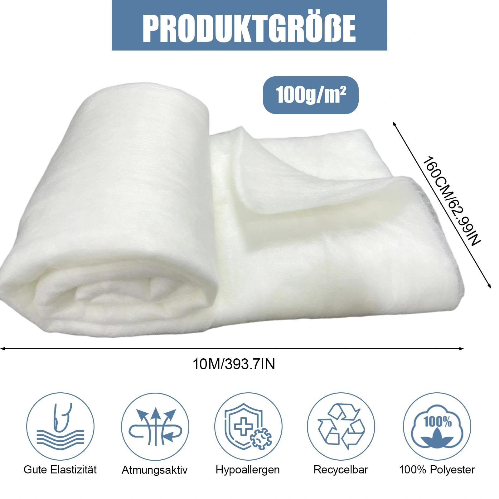 Polsterwatte Volumenvlies Non-Woven Wadding 100 g/m² | 160 cm x 10 m | 100% Polyester allergieverträglich & flammhemmend Füllwatte für Kissen, Bettwaren & Handwerk