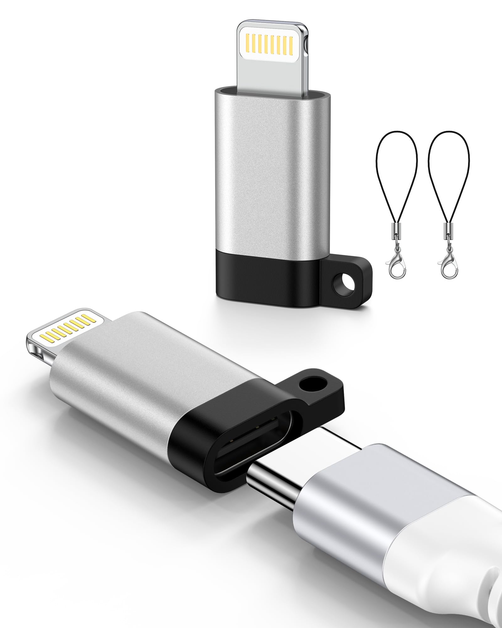 Photo 1 of 27W USB C to Lightning Adapter Fast Charging Data Sync, USB C Female to Lightning Male Adapter for iPhone/ iPad/ Airpods, 2 Pack Type-C to iPhone Cable Converter with Anti-Lost Loop, Not for Audio/OTG