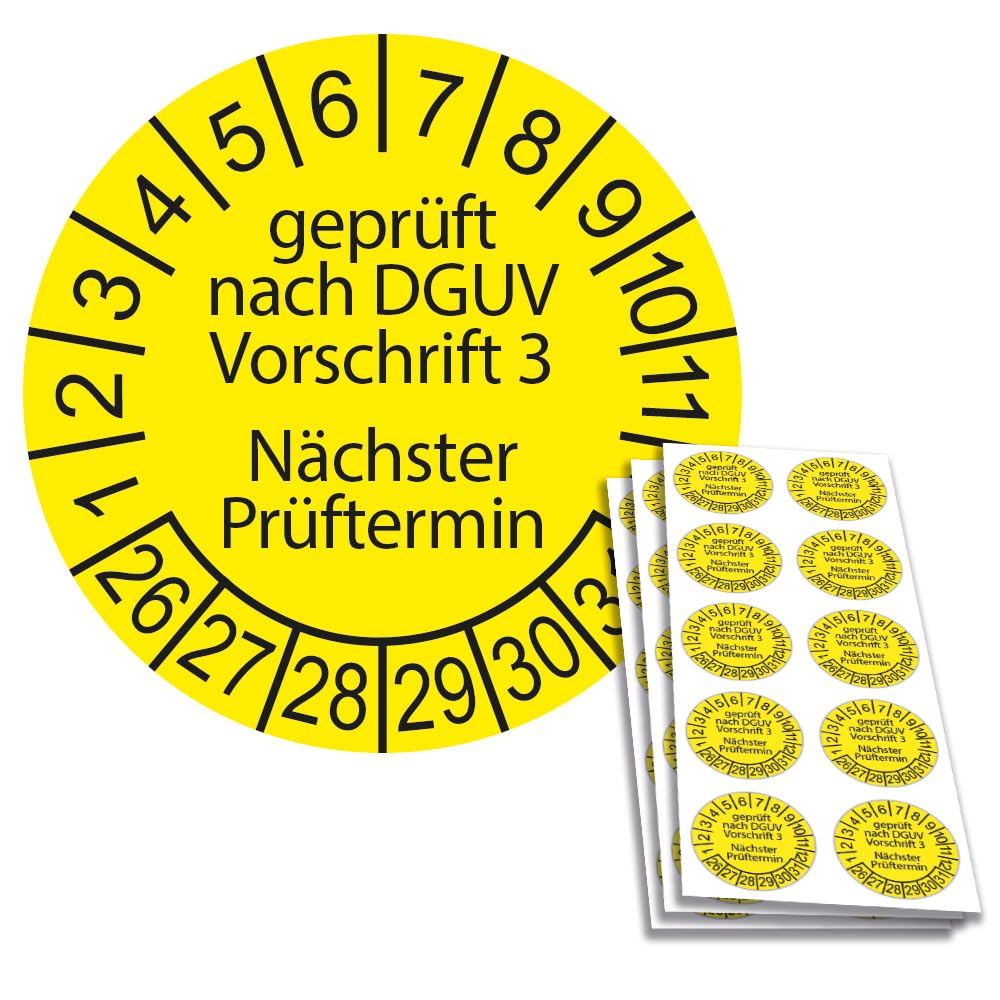 Prüfplakette DGUV Vorschrift 3 KSIGN Prüfplakette „geprüft Nach DGUV Vorschrift 3 – Gelb, 20 Mm, Dokumentenfolie, 36 Stück Pro Bogen, Für Maschinen & Geräte