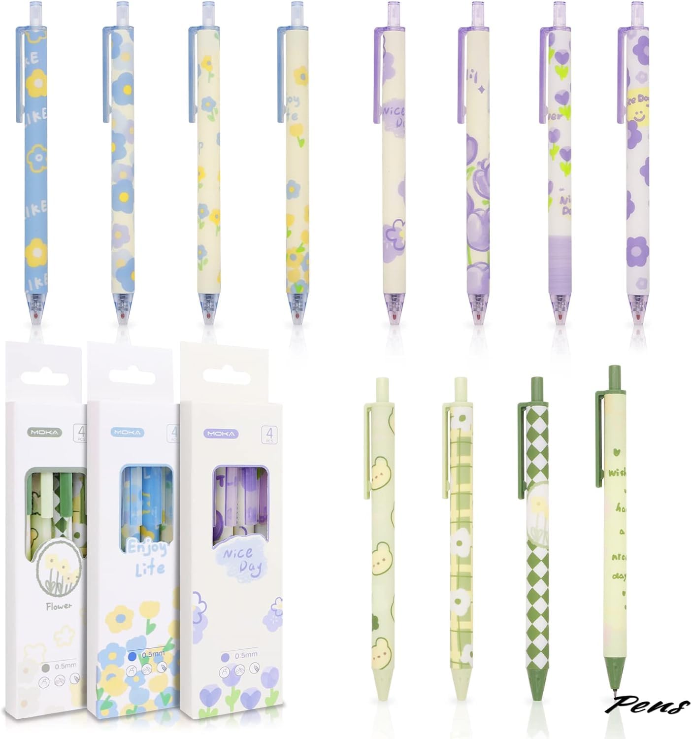 Azonee 12Pcs Flower Retractable Gel Ink Pens, 0.5mm Cute Neutral Gel Ink Pens, Kawaii Cartoon Rollerball Gel Pens Set, Smooth Writing Ballpoint Pens for Kids Girl Writing Journaling School Office