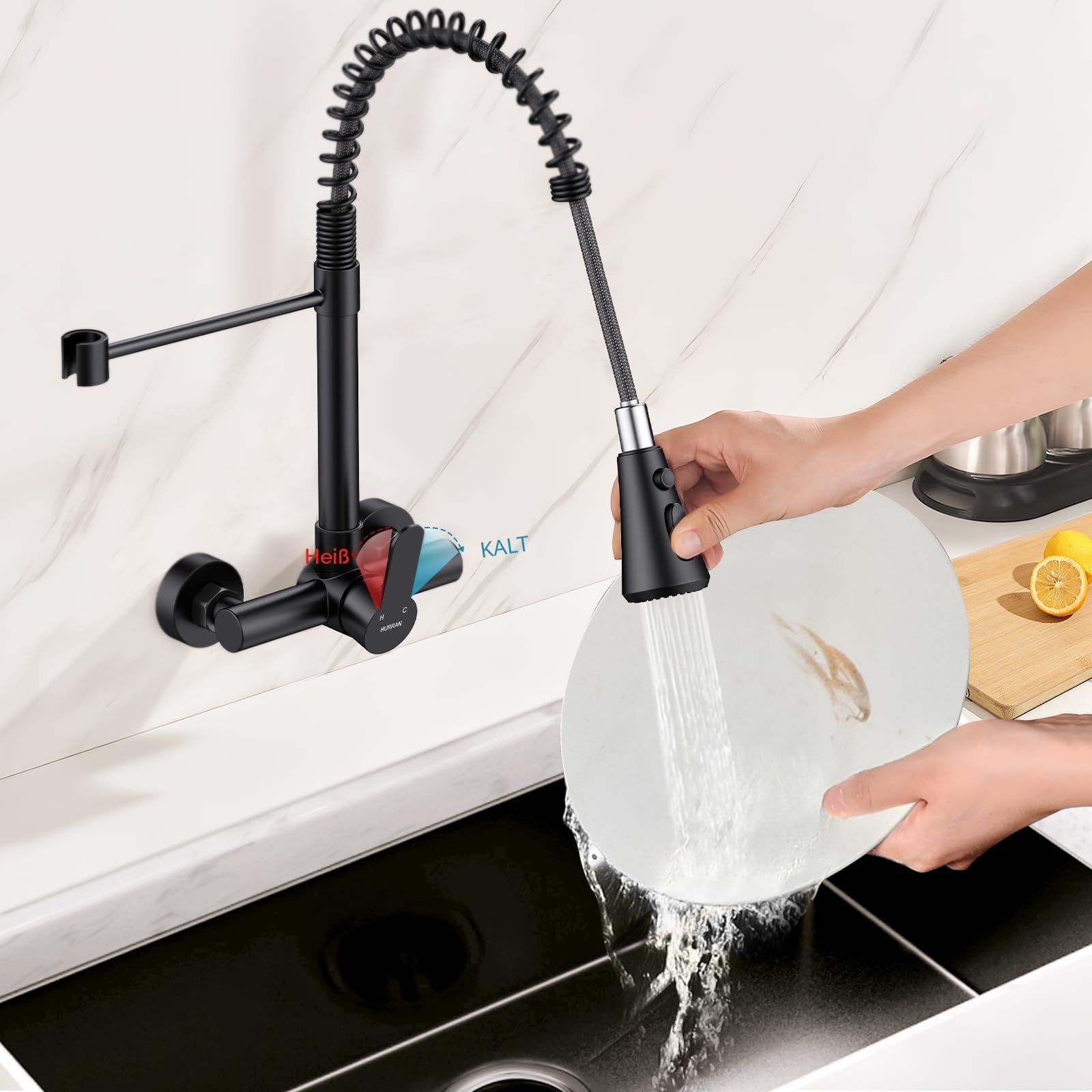 HURRAN Wasserhahn Wandmontage Schwarz Matt | 3 Auslaufarten, 360° Schwenkbarer, Küchenarmatur, Edelstahl