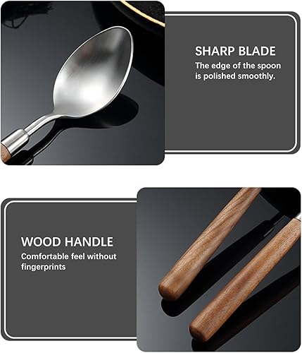 Miniatura 3 de Ouliget Cuchara de mango de madera retro, cucharadas de servir de acero inoxidable mate, cuchara de madera, cubiertos plateados mate con mango