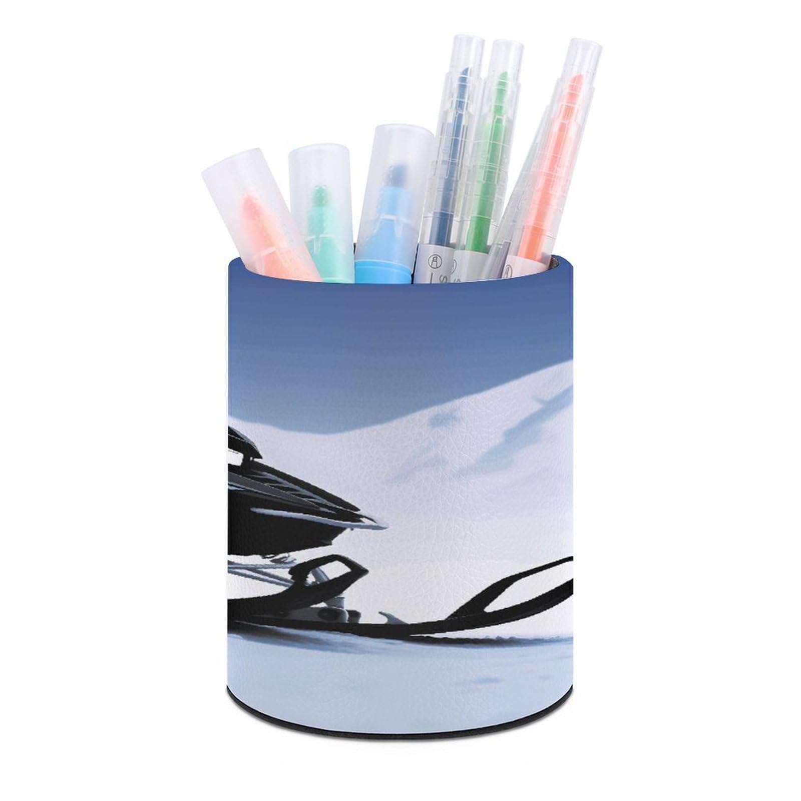 FekiLoot Round Leather Pen Holder - Multipurpose Desk Organizer, Modern Pencil Cup, Snowmobile Pencil Holder, Unique Makeup Brush Holders for Office Home Supplies & Gifts