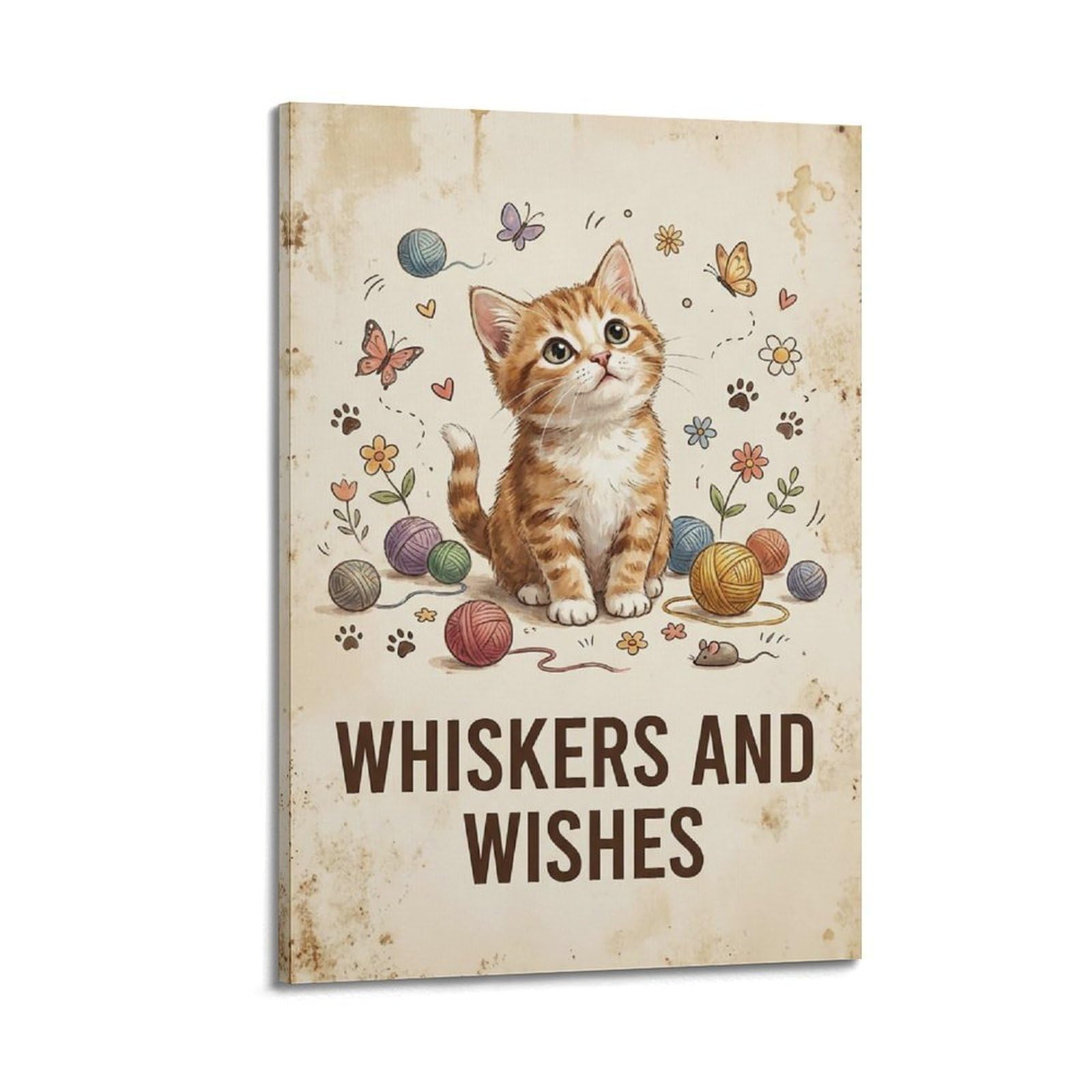 OKAHYS Whiskers Wishes Kitten Coastal Poster Pet Cat Botanical Modern Decorative Canvas Prints - Ideal Wall Art for Family, Man Cave, Game Room, Boys & Girls Bedroom 20x30inch