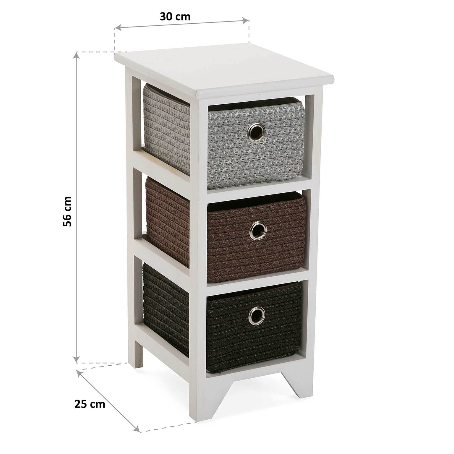 VERSA Lingbo Mobile Bagno, Mobiletto Bagno Salvaspazio, Mobiletti, Cassettiera con 3 cassetti per organizzare, Misure (A x L x l) 56 x 30 x 25 cm, Plastica e Legno, Colore Bianco