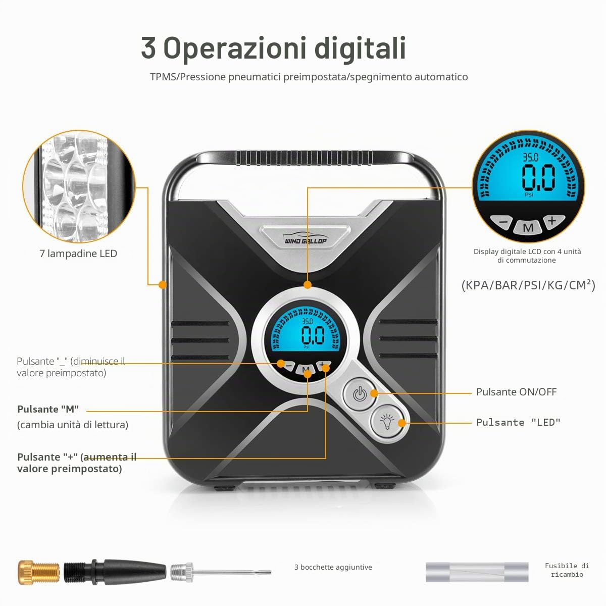 WindGallop Compressore Aria Portatile Auto Mini Compressore Portatile a Gonfiatore Elettrico Portatile Pompa Aria con Manometro per Pneumatici Luce a LED e Adattatori per Valvole