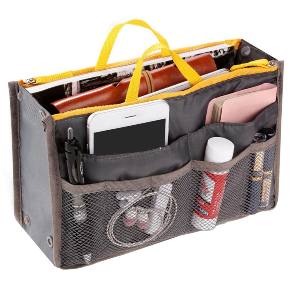 Large Capacity Purse Organizer Nylon Multiple Pockets Handbag Organizer with Mesh Grid Men Women Outdoor Travel Insert Compartment Tote Bag for Cosmetics Mobile Phones Cards Money(grey)