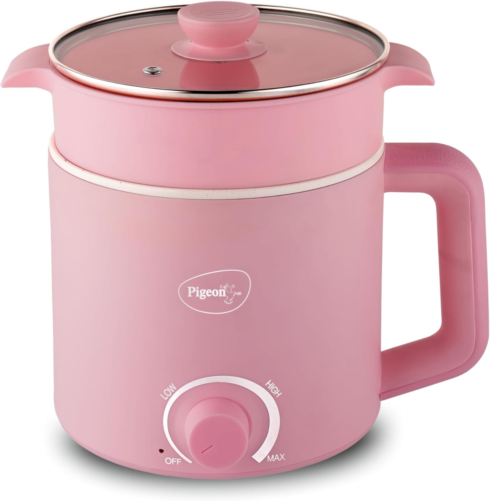 Pigeon by Stovekraft Swift Plus Multi-Cook Kettle 1.5L, with Steamer, Egg Rack - Pink | Black | Double Layered | Food Grade Stainless Steel Inner wall | Glass Lid | Auto Shut-off