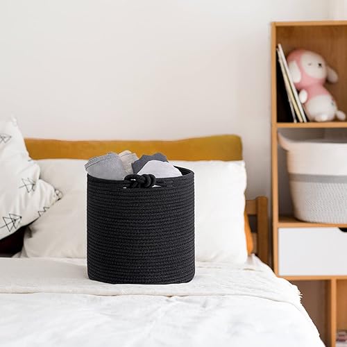 Miniatura 3 de Goodpick Paquete de 3 cubos de almacenamiento de cuerda tejida para organización de armario y estantes, cestas redondas decorativas negras para