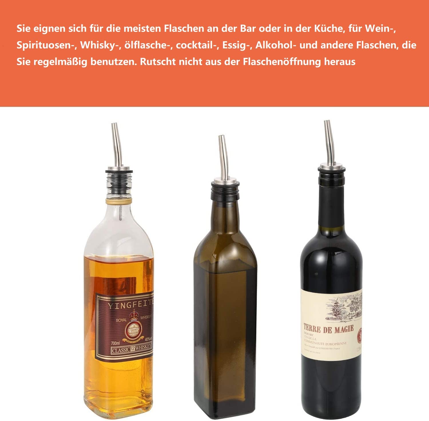 Heatigo vertedor de botella de acero inoxidable -vertedor cónico y porcionador con sello de goma para botellas - ideal para bar, pub, bistró y casa (vertedor de aceite) 8 pieces