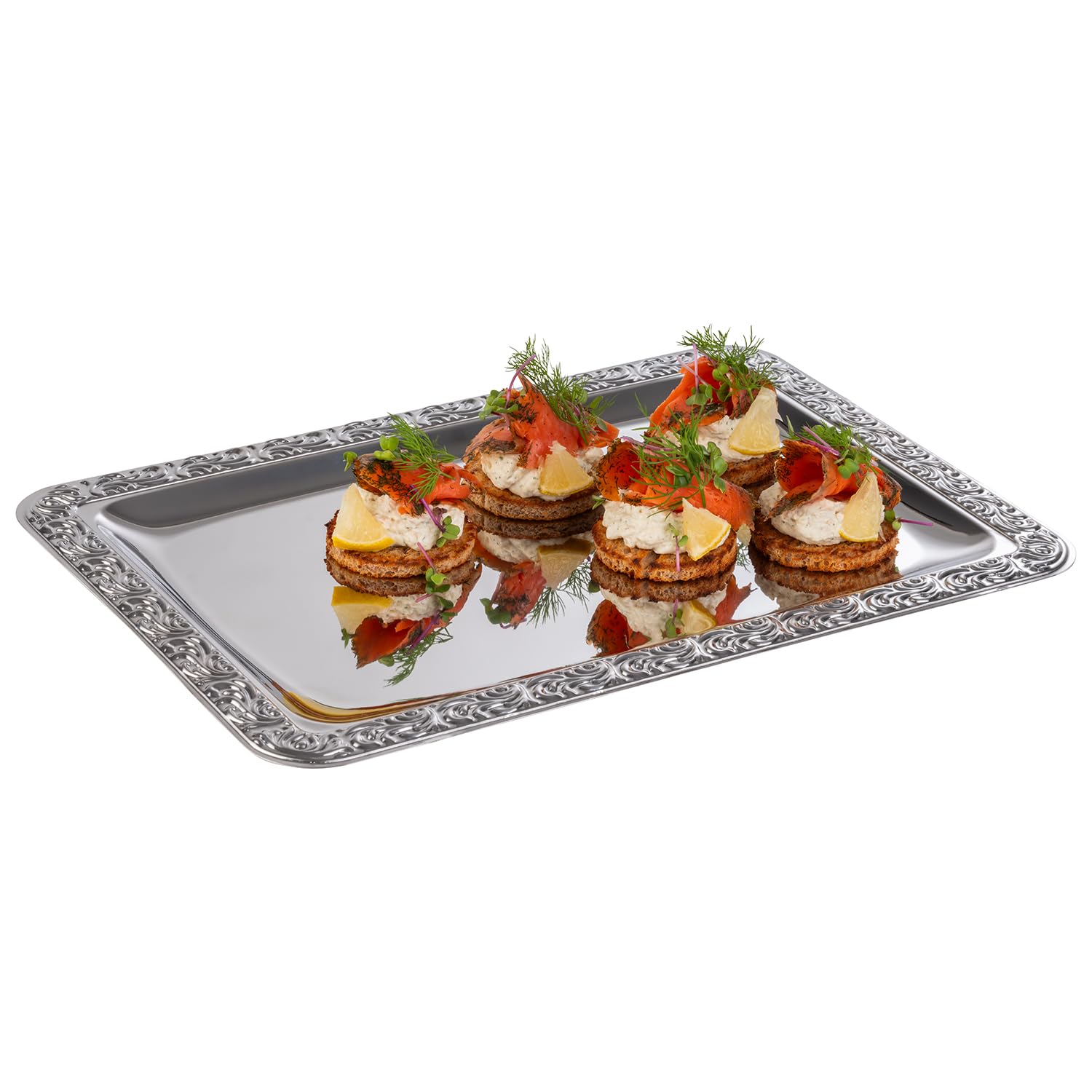 APS Bellissimo essen, vassoio in acciaio inox con bordo decorativo, 35 x 24 cm, rettangolare