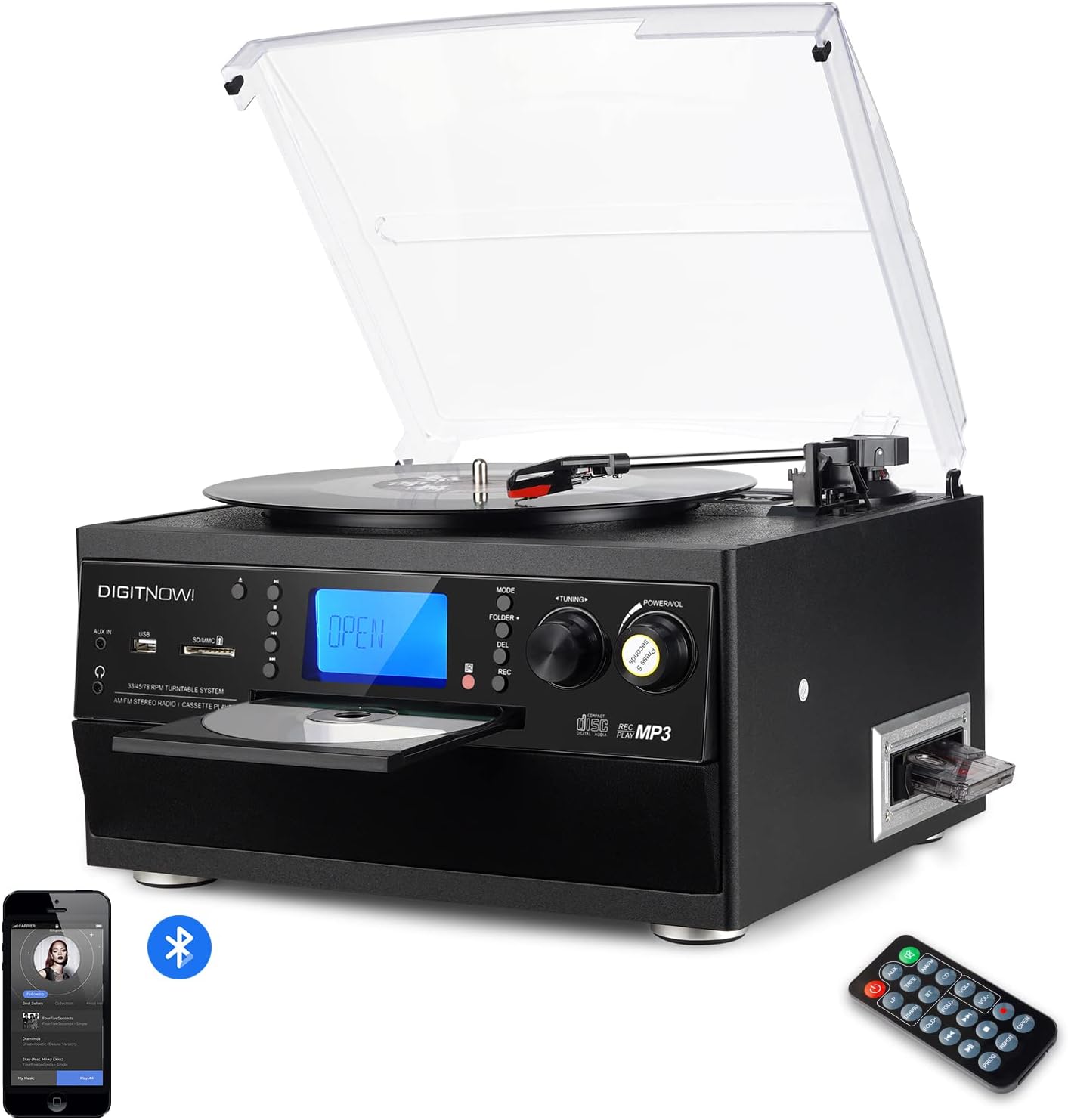 Bluetooth Record Player Turntable with Stereo Speaker, LP Vinyl to MP3 Converter with CD, Cassette, Radio, Aux in and USB/SD Encoding, Remote Control, Audio Music Player Built in Amplifier