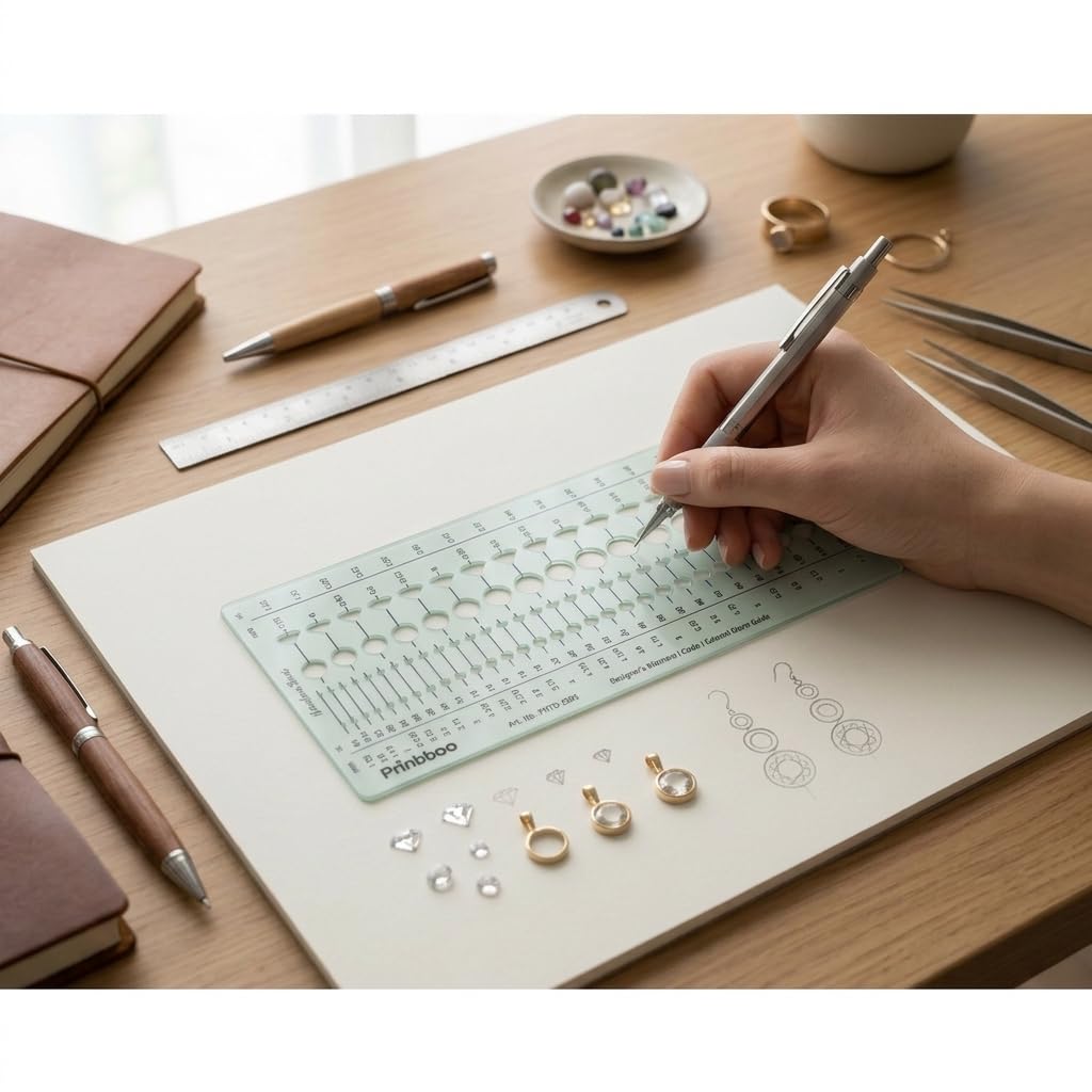 Printtoo Diamond Cut Jewelry Design Template Stencil, 2mm Transparent Green Acrylic Gemstone Guide Ruler with 92 Shapes, Precision Drafting Tool for Rings, Earrings, Pendants & Technical Drawing