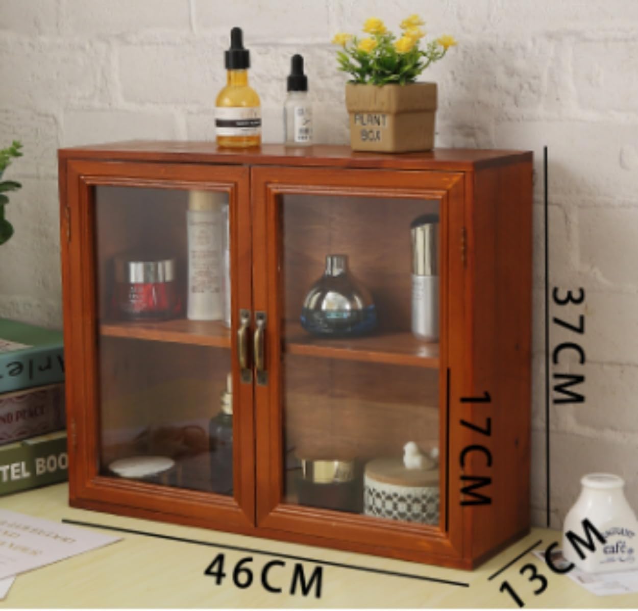 Qfmr 木製レトロ収納キャビネットデスクトップディスプレイスタンド引き出し式化粧品収納ボックス雑貨小物両開き収納ボックス多層ラック
