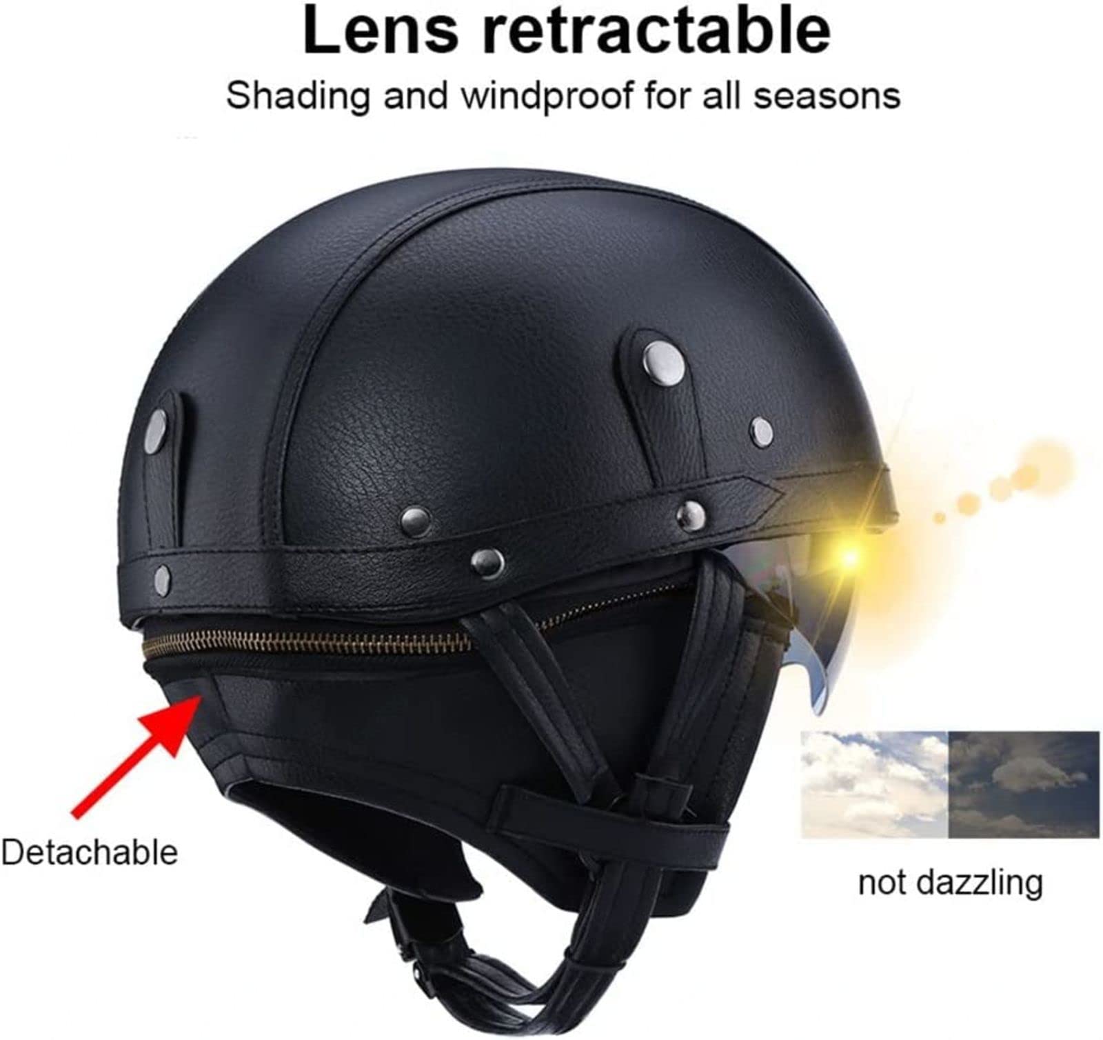 EBAYIN Casque Bol Homologué ECE Casque De Moto Demi-Coque Casque De Jet Vintage Casque De Cyclomoteur en Cuir VisièRe IntéGréE, Casque De Scooter Cruiser Chopper,E-L=（59~60CM）