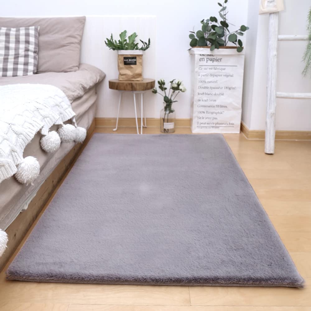 GueTTO Tappeto Peloso a Pelo Lungo 30mm in Finta Pelliccia di Coniglio, Moderna Moquette Antiscivolo per Camera, Soggiorno, vivaio e Decorazione Domestica,Grigio,60 x 120 cm