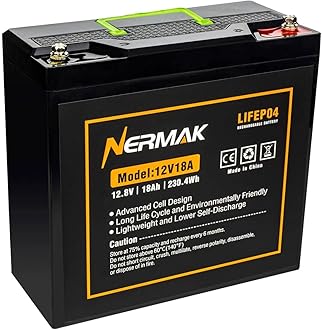 NERMAK 12V 18Ah Lithium LiFePO4 Deep Cycle Battery, 2000+ Cycles Lithium Iron Phosphate Rechargeable Battery for Solar Power, UPS, Lighting, Marine, Scooters, Fish Finder and More, Built-in 20A BMS