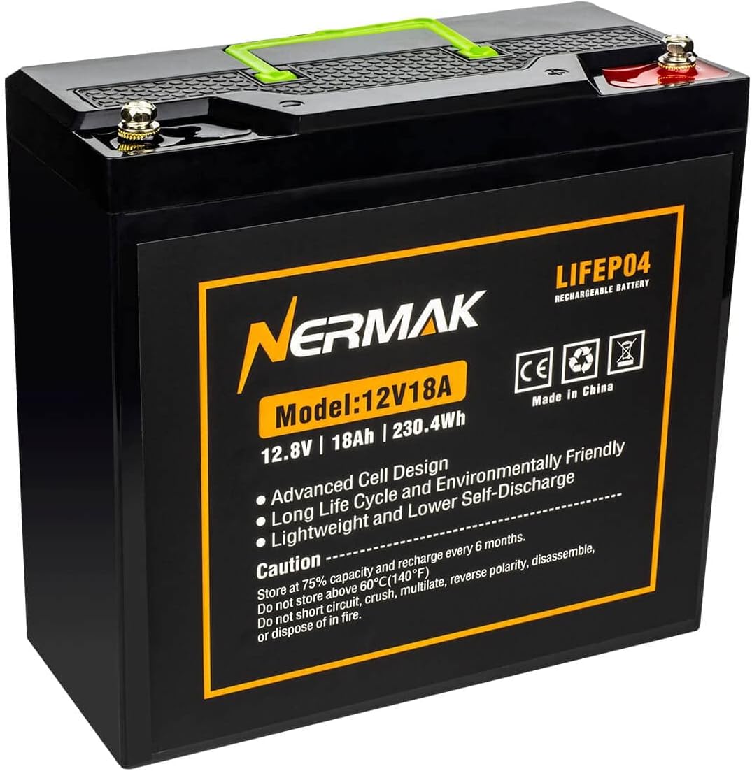 NERMAK 12V 18Ah Lithium LiFePO4 Deep Cycle Battery, 2000+ Cycles Lithium Iron Phosphate Rechargeable Battery for Solar Power, UPS, Lighting, Marine, Scooters, Fish Finder and More, Built-in 20A BMS