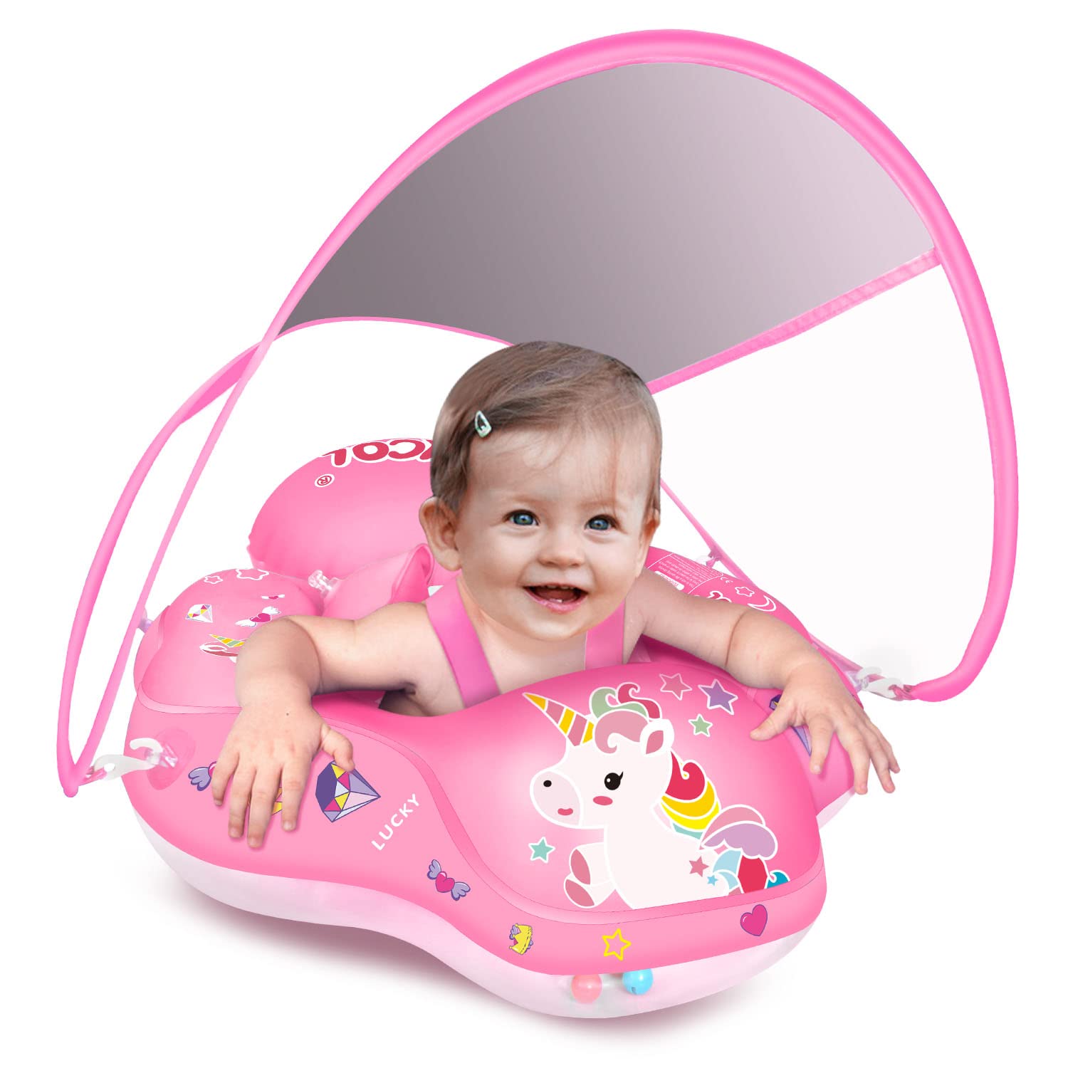 LAYCOL Baby Swimming Float Inflatable Baby Pool Float Ring with Sun Protection Canopy,add Tail no flip Over for Age of 3-36 Months