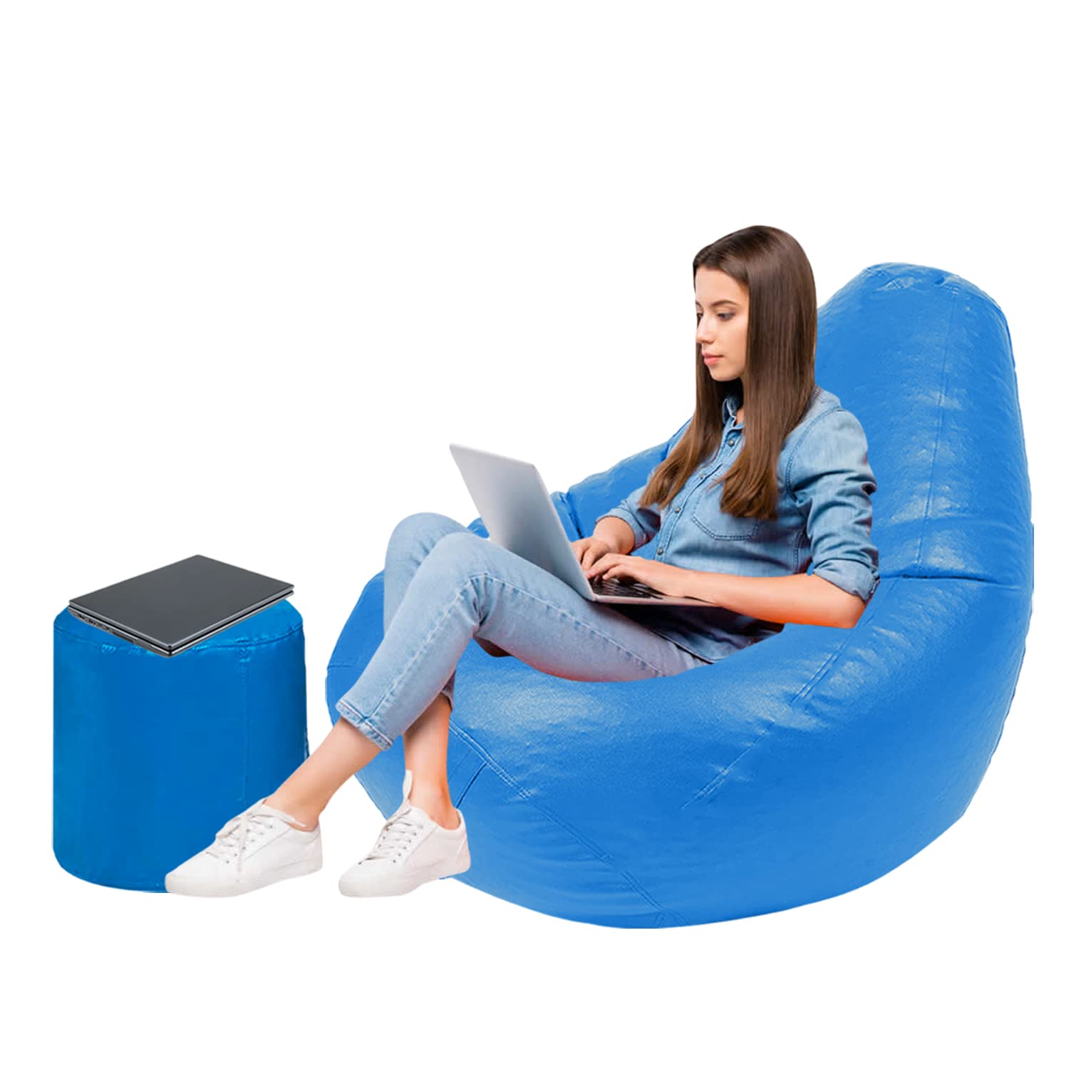 Style Crome (Size-XXL) Bean Bag with Footrest Combo Filled with Beans Color - Blue