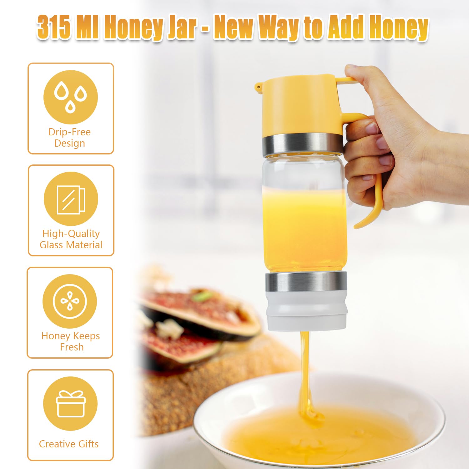 Ecopandy Honey Dispenser No Drip with Stand, 12 OZ Glass Honey Jar, Syrup Dispenser, Easy One Hand Use Honey Pot for Coffee or Tea (2PCS Yellow)