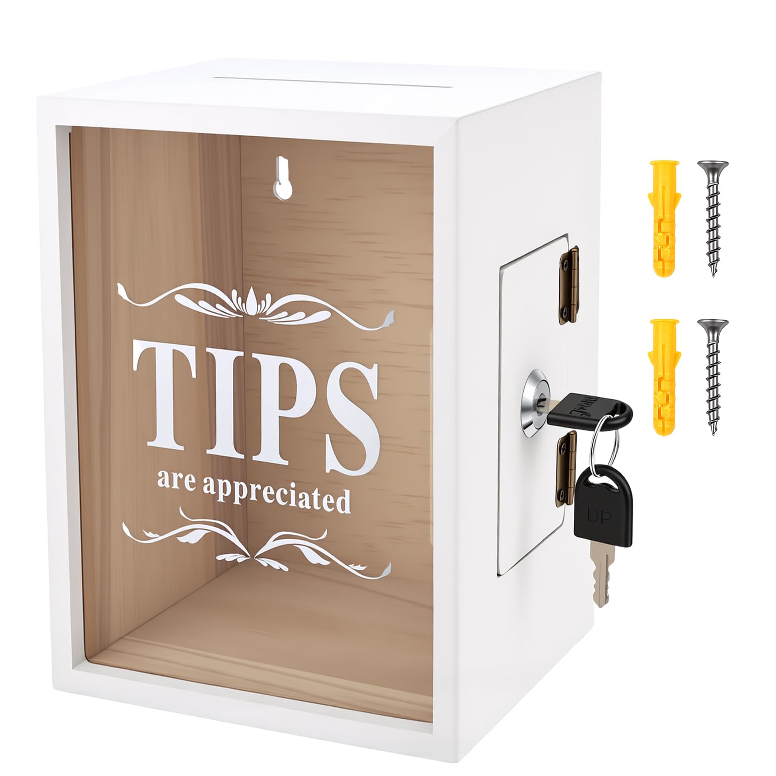 YUEKUNTJ Lockable Wooden Tip Box, Tip Container Donation Jar, Cash Collection Ballot Holder, Savings Jar with Lock, Money Saving Box Clear Piggy Bank, 15x12x20cm with 2 Key for Restaurant Café(White)
