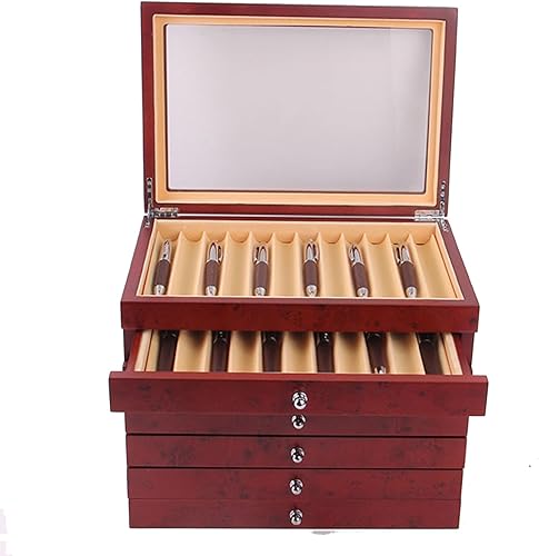 Miniatura 3 de HM&DX Caja de exhibición de madera para bolígrafos, vitrina de colección de bolígrafos con cajón y ventana de cristal, caja organizadora grande de