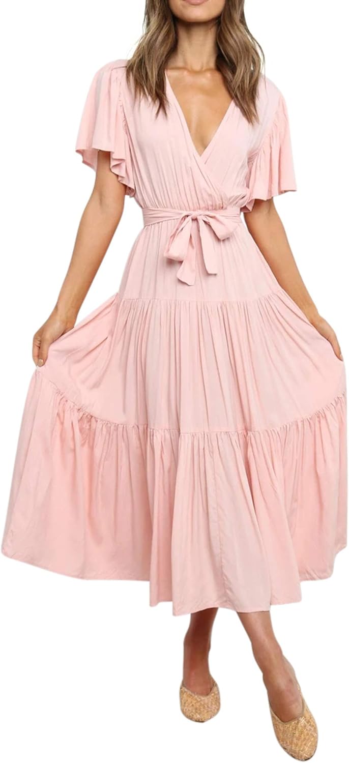 R.Vivimos Summer Dress for Women Cotton Ruffle Short Sleeves V Neck Casual Flowy Midi Dress with Belt