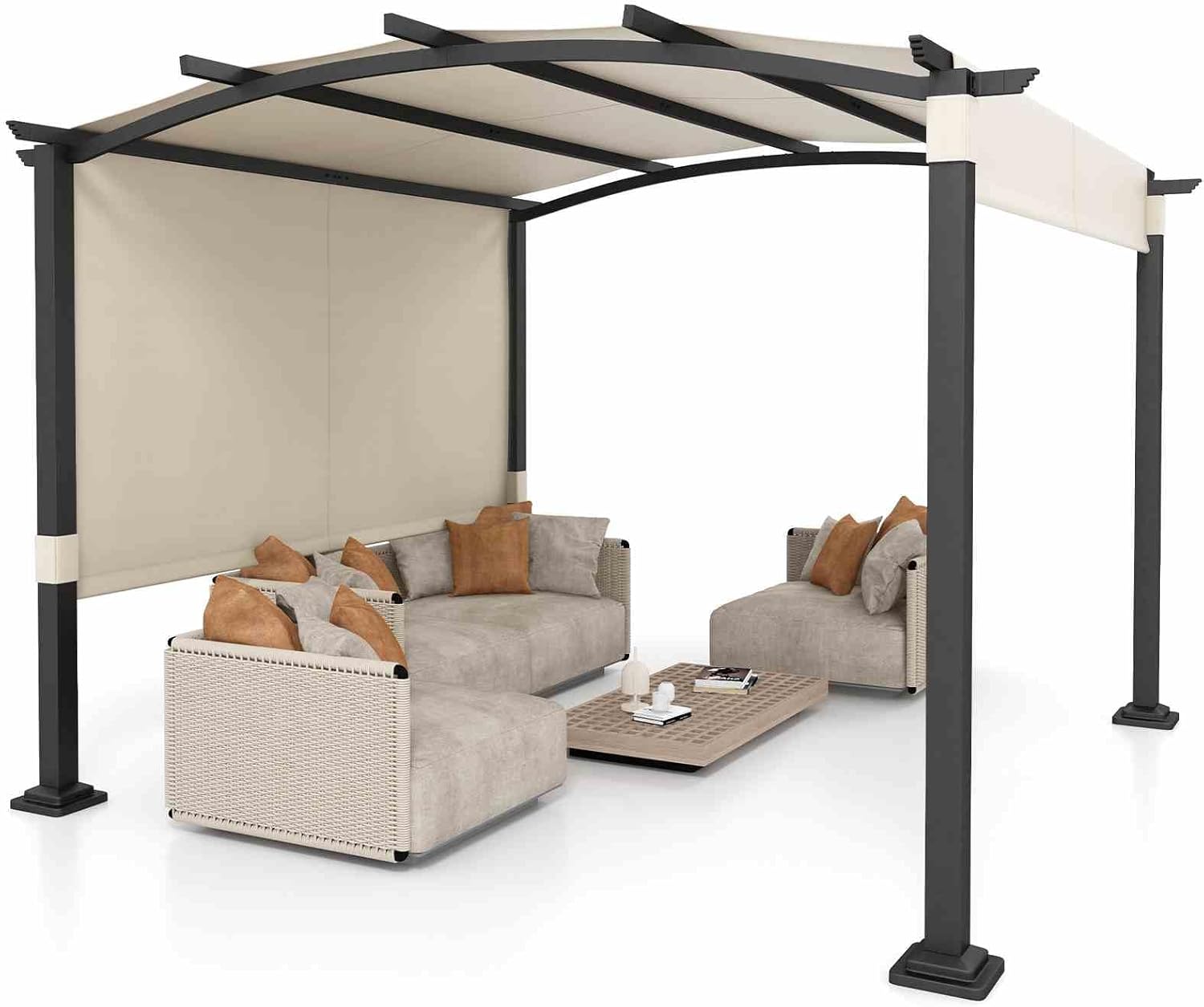 Costway 3x3M Outdoor Pergola w/Retractable Sunshade Canopy, Anchored Plates, Adjustable Roof, Metal Frame, Modern Arched Patio Garden Shelter, Backyard Deck Porch Metal Pavilion Grill Gazebo (Beige)