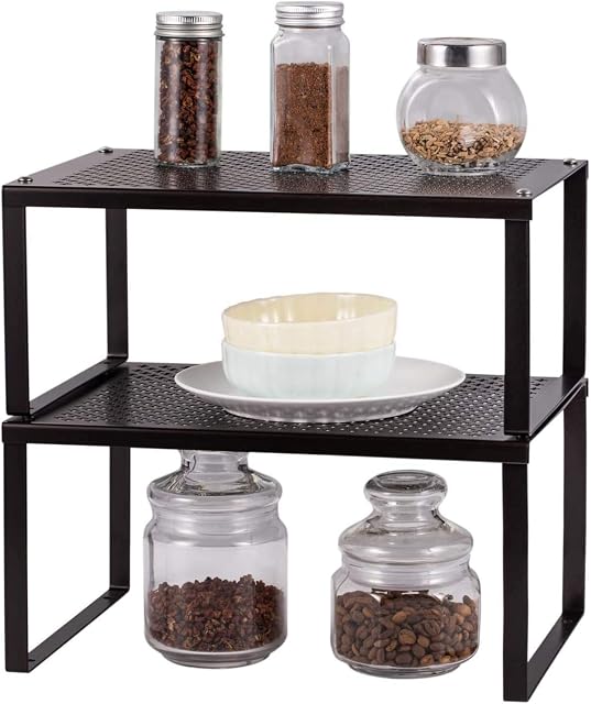 2 Pack Kitchen Shelf Organiser for Cupboard, Expandable Stackable Counter Top & Cupboard Shelf Organiser, Metal Storage Shelf for Kitchen, Bathroom, Laundry Room - Bronze