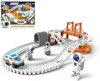 لعبة مسار بتصميم الفضاء الخارجي للأولاد من سن 3 إلى 12 سنة، مجموعة مضمار سباق بنمط استكشاف الفضاء، أزرق غامق وأسود وفضي