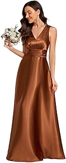 Women's Double-V-Neck Floor-Length Empire Waist Satin Formal Dress with Pockets 02326 - Buy now