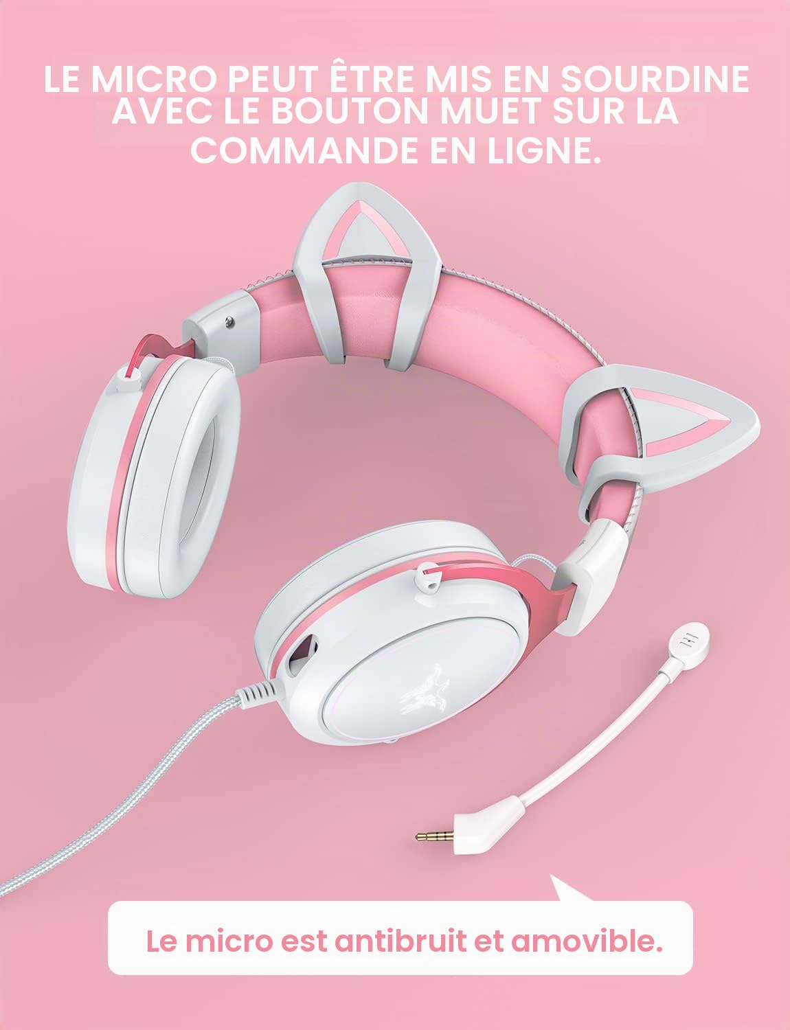 PHNIXGAM Casque de Jeu avec Oreilles de Chat, Casque Filaire avec Micro antibruit, Son Surround, pour PS4, PS5, Xbox One (sans Adaptateur), PC, Mobile, rétroéclairage RVB Blanc et Rose