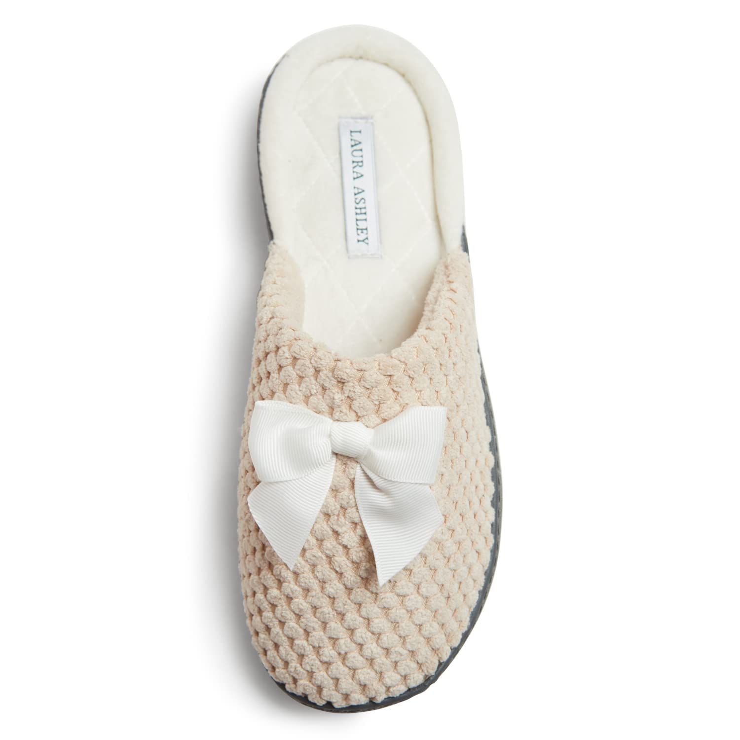 Laura AshleyWomens Rugged Memory Foam Terry Cloth Spa Slippers, Soft Non Slip Rubber Bottom Closed Toe House Slider Slipper