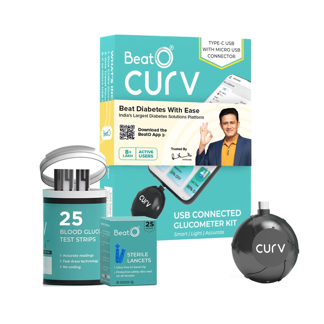 BeatO CURV Sugar Test Machine | FREE 25 Strips & 25 Lancets (Type-C USB Connector) | Simple & accurate testing of Blood sugar levels at home |Smartphone Connected Glucometer Machine | Android only | ISO Certified: Made in India (B08T7JXDW9) Amazon Price History, Amazon Price Tracker