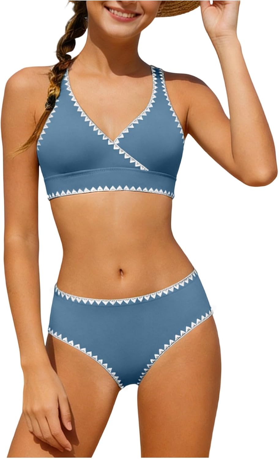 Girls Swimsuit Bikini Set Solid Color V-Neck Two Piece Bathing Suit with Chest Pad Adjustable Straps Swimwear 5-16T