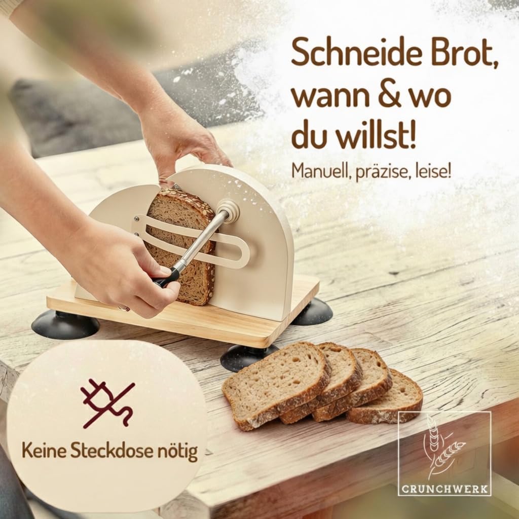 Brotschneidemaschine manuell – Hochwertiger Edelstahl Allesschneider mit Kurbel & Holzbrett | Präziser Schnitt, Retro-Design, rutschfeste Saugfüße für Brotliebhaber | Beige
