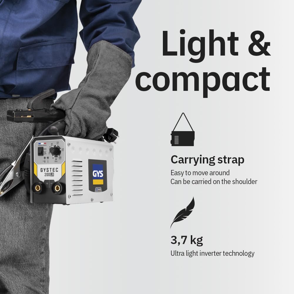GYS, GYSTEC 200 LA, Poste à Souder à l'Électrode Enrobée 200A Monophasé 230V (MMA), TIG DC Lift, Arc Force, Antisticking, Hot Start, Avec Valise, Porte-électrode, Câble de Masse