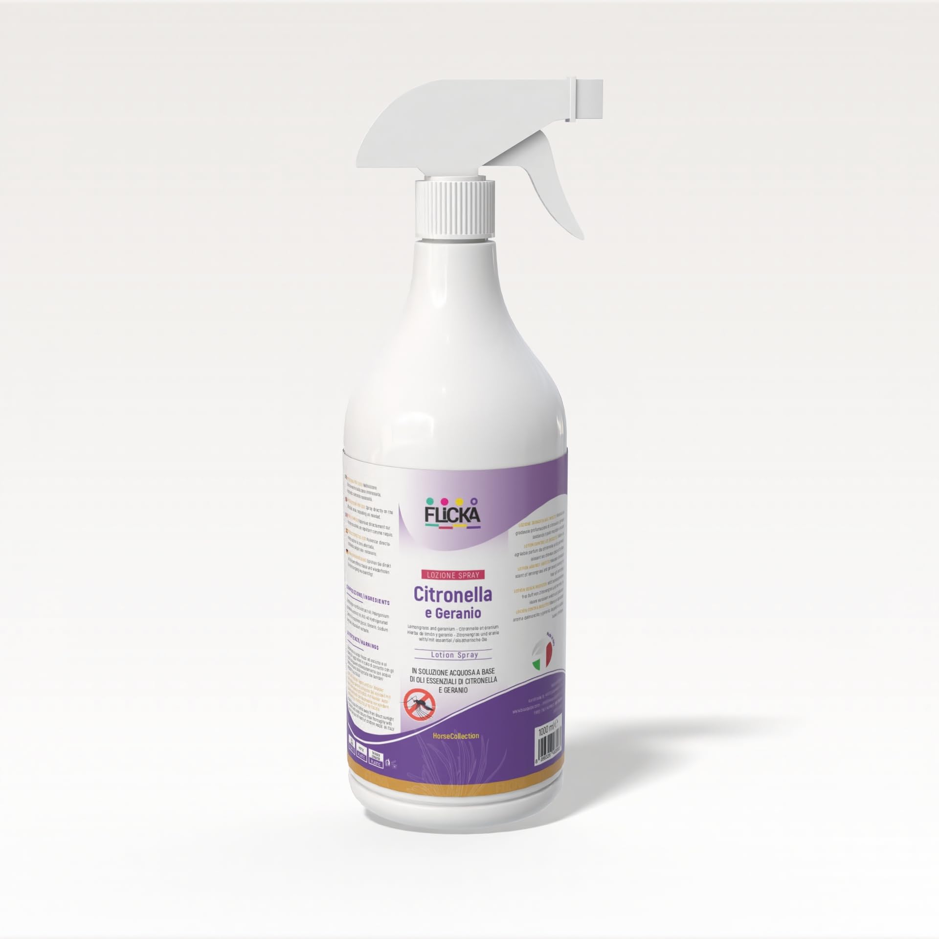 FLICKA Spray Citronella e Geranio per Cavalli 750ml – Barriera Naturale contro Tafani, Mosche, Zanzare e Zecche – Protezione Scuderia e Equitazione – Delicato sul Manto dell'Animale