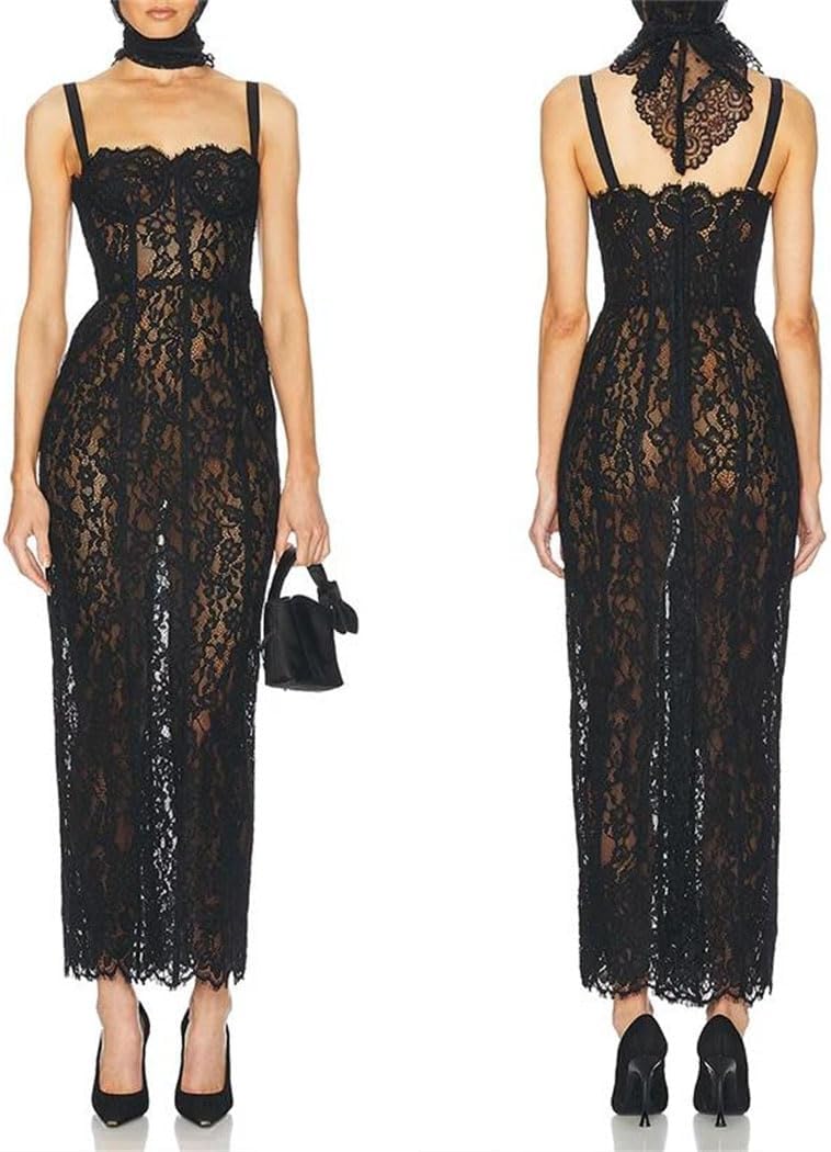 Women Black Lace Sleeveless Maxi Dress Summer Sexy Party Fashion Celebrity Club Wear