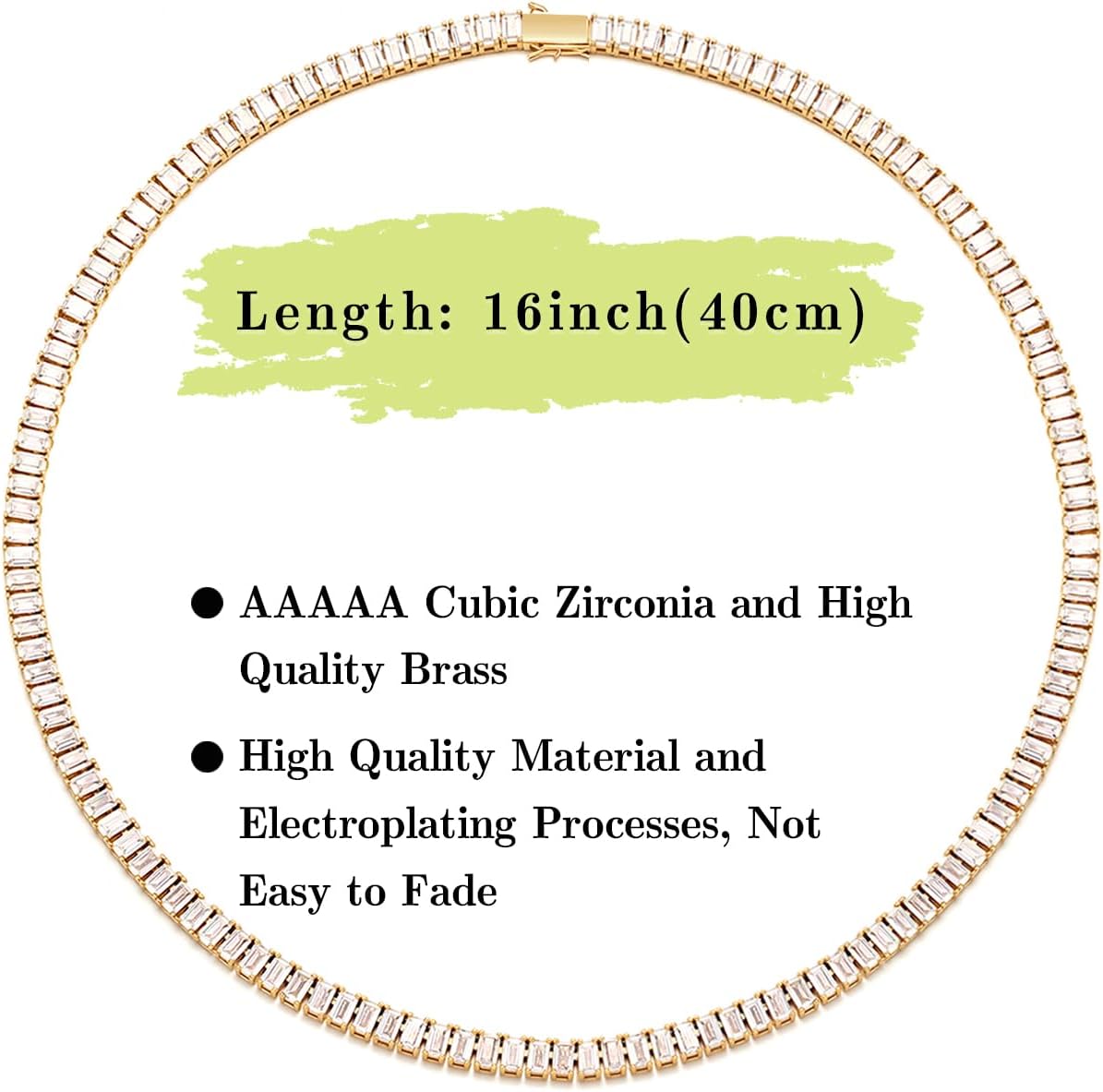 BREN Baguette Tennis Necklaces for Women Men - White/Yellow Gold Plated Cubic Zirconia Tennis Chain Dainty Jewelry Gifts for Holiday Wedding Party Prom Valentines Day