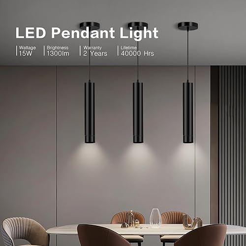 Miniatura 7 de Zoomable - Lámpara colgante LED regulable, luz colgante negra, iluminación de isla de cocina, para colgar en el techo, kit de luz colgante moderno,