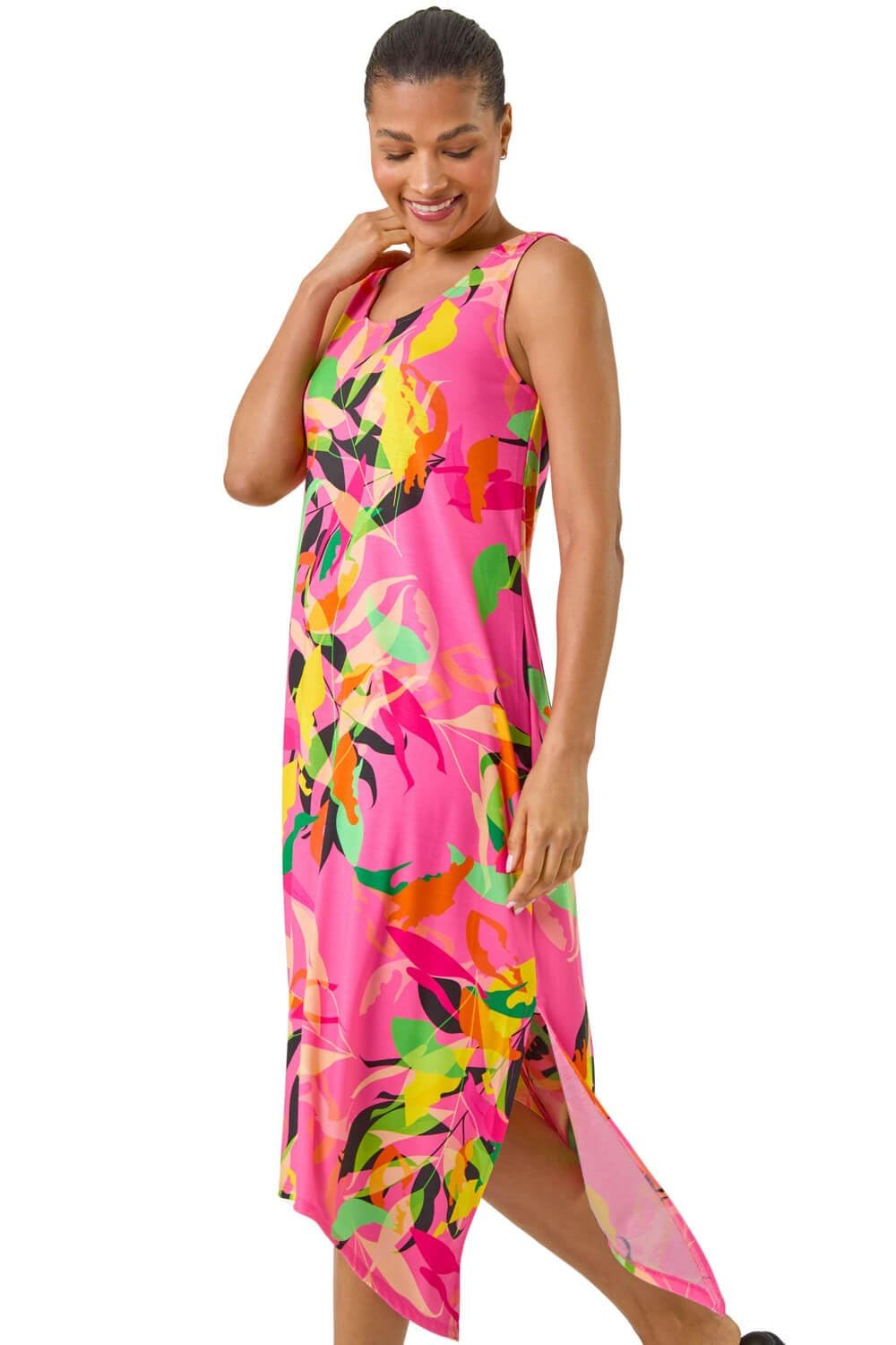Roman Floral Print Hanky Hem Midi Dress Pink Size 20