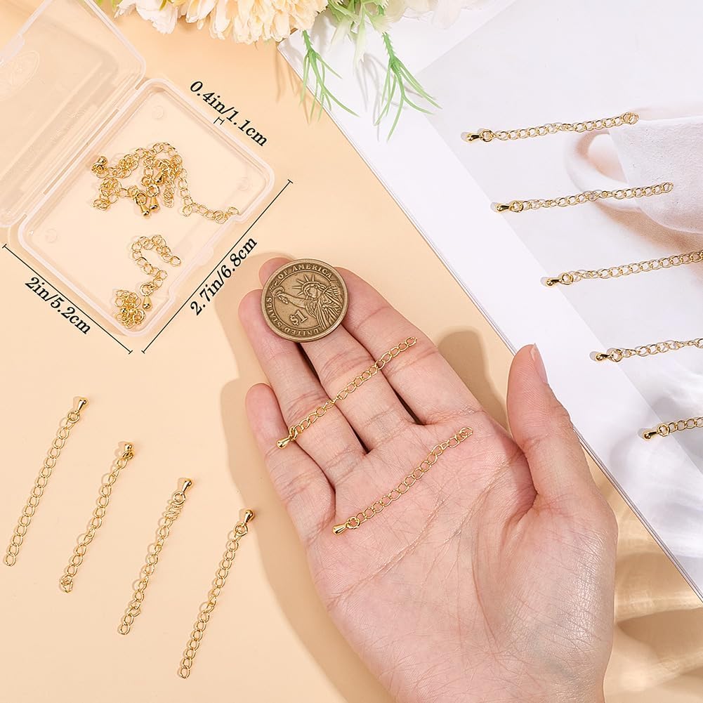 Beebeecraft 1 Box 20Pcs Chain Extender for Jewelry Making 18K Gold Plated Necklace Chain Extender with 3D Teardrop End Charm 2 Inch for Bracelet DIY