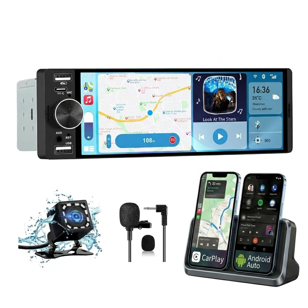 AWESAFE 1 DIN Radio Coche Universal con Pantalla Táctil 6.28 Pulgadas, con CarPlay/AndroidAuto, Admite Carga Type-C/2USB/Micrófono/FM/EQ/GPS/Bluetooth/SWC
