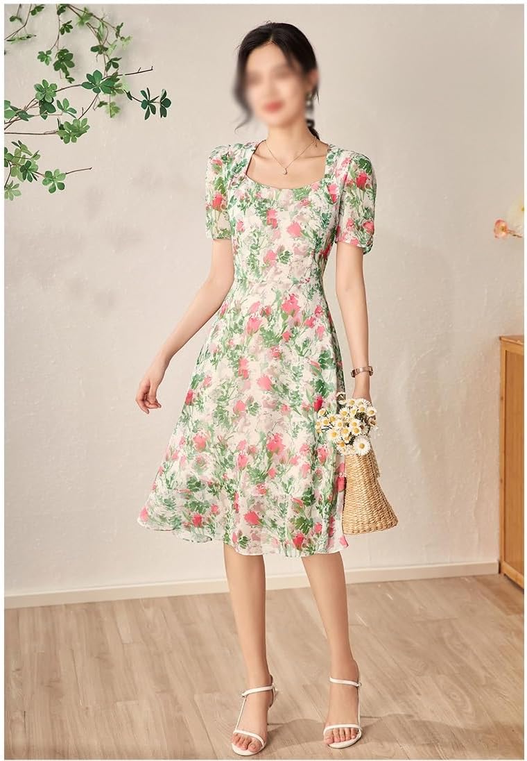 JSEIAJB Holiday Colorful Printed Chiffon Slimming Waist Covering Dress