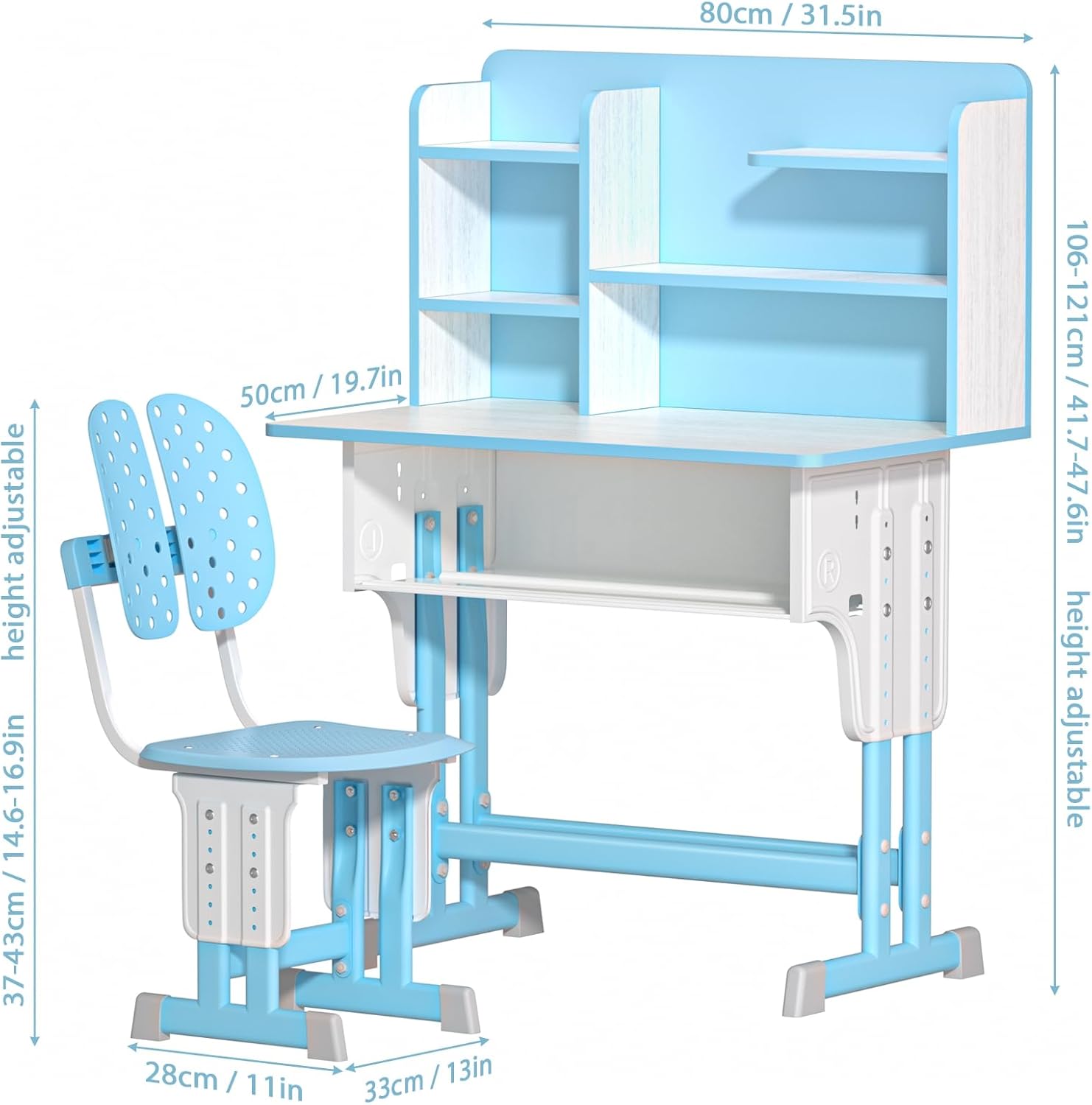 Kids Desk and Chair Set, Adjustable Study Desk for Children with Storage Shelf and Drawer, Wooden Writing Table and Chair Set, Wide Desktop for Bedroom, Study Room, Ages 7–12 Blue