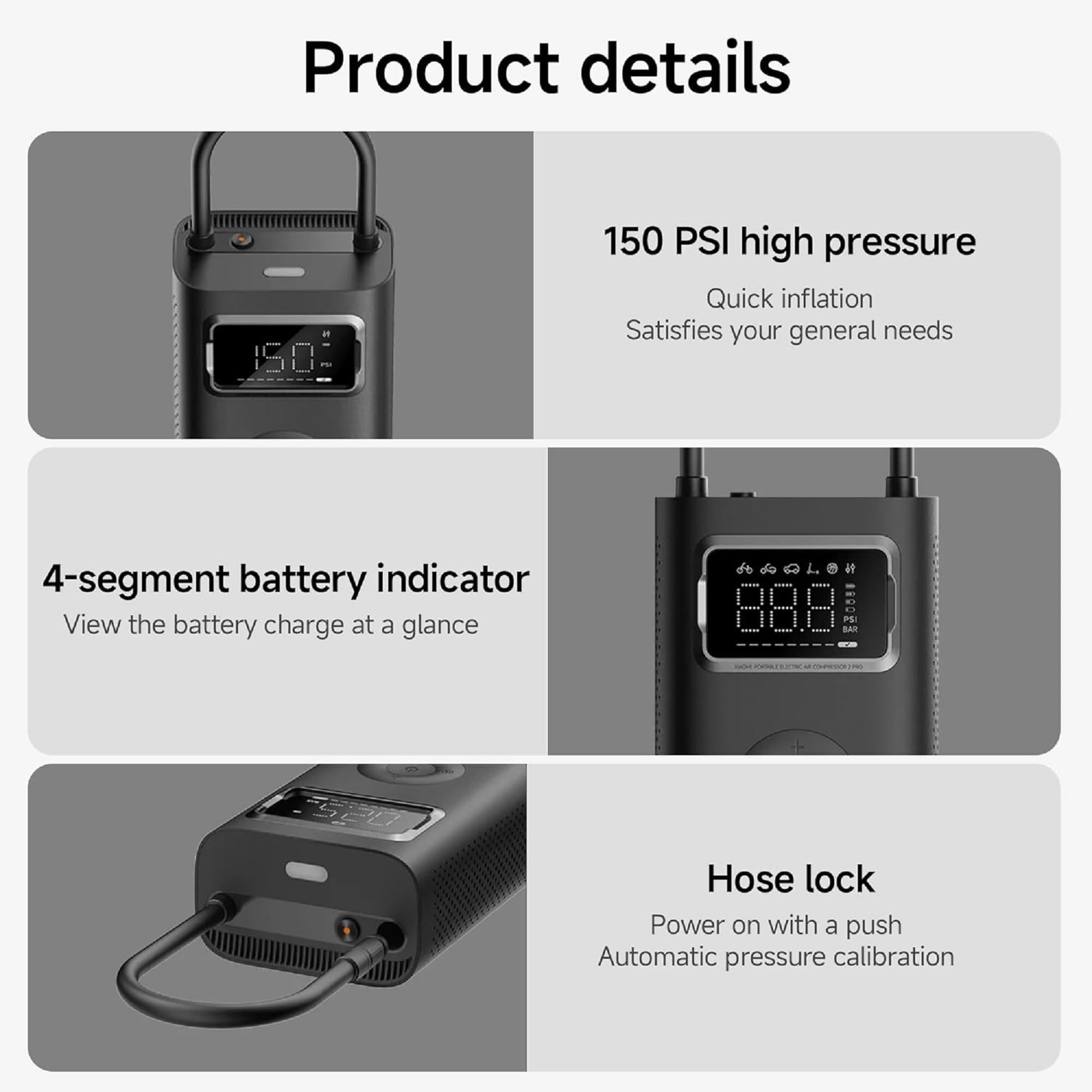 Xiaomi 2 Compresseur d'air électrique portable sans fil 150 PSI avec écran LCD de pression précise, pompe à air de 20 000 mAh pour voiture, vélo, moto, boule