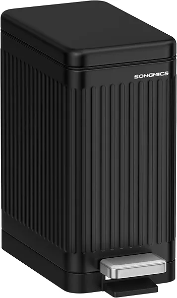 SONGMICS Bathroom Trash Can, 2.6-Gallon (10 L) Trash Bin with Lid, Slim for Small Spaces, Stainless Steel Garbage Can, Soft Close, Black ULTB562B01