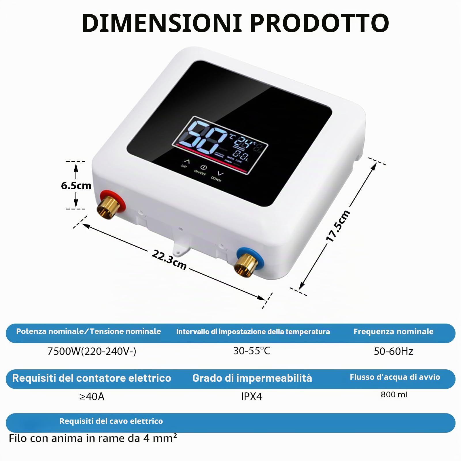 Scaldacqua istantanea elettronico, 7500 W 220V Scaldacqua | Istantaneo a Parete Mini Scaldabagno Istantaneo Elettrico con Display LED Della Temperatura, scaldabagno elettrico (White)